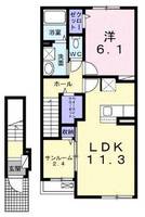 プリムローズ　HAL　（延岡市　長浜町）＜1LDK・2階＞の間取り図