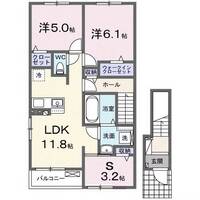 サウスウェーⅨ（延岡市　大門）＜2LDK＋S・2階＞の間取り図